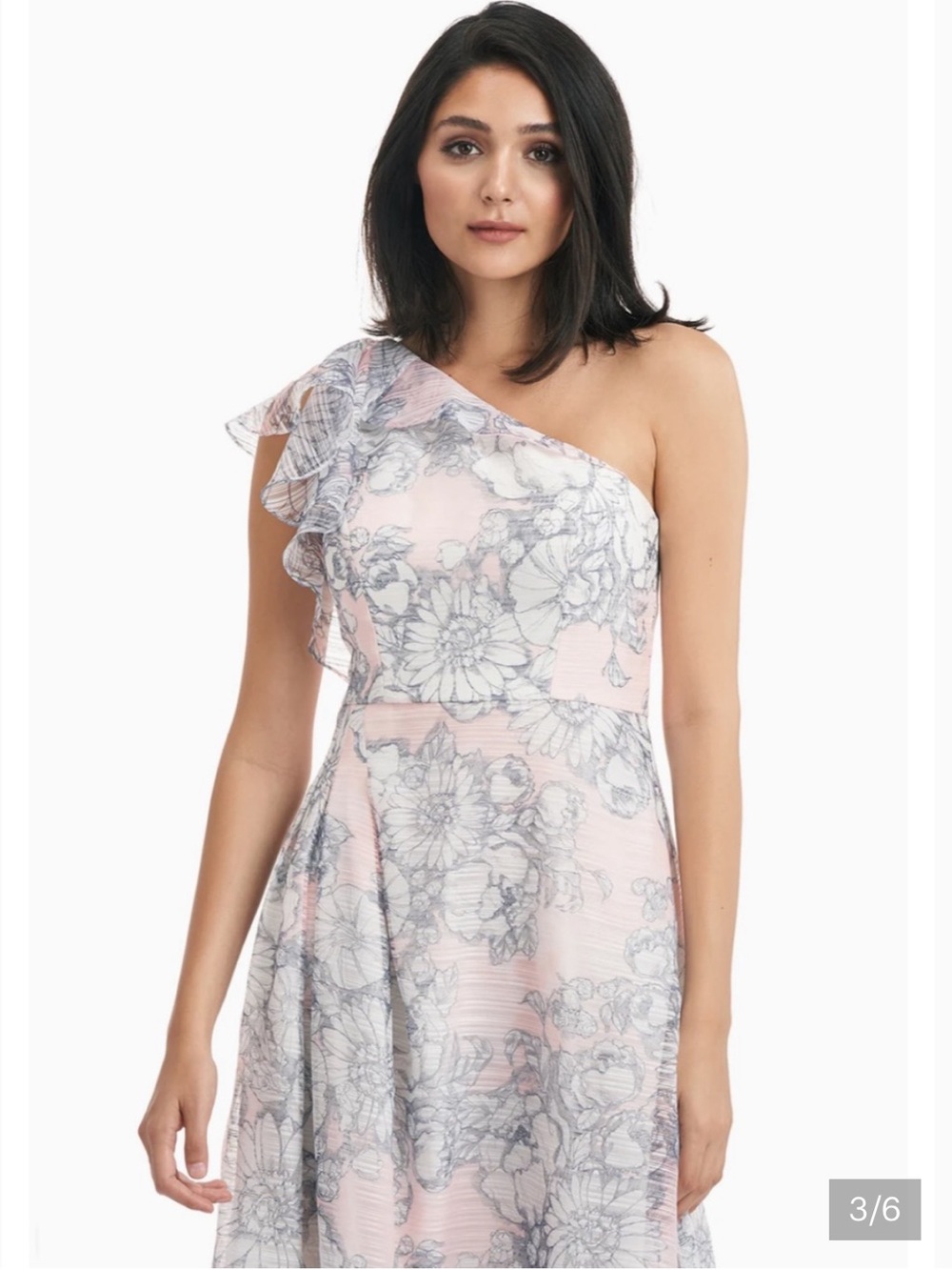 Kay Unger One-Shoulder Pink and Gray Floral Overlay Dress